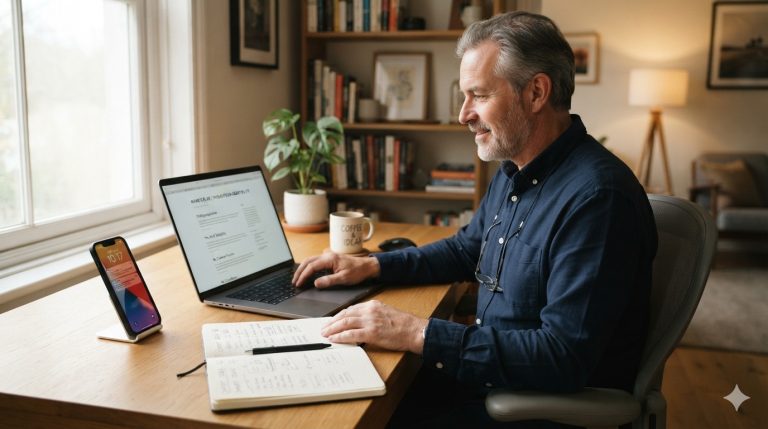 Mature man learning affiliate marketing from home