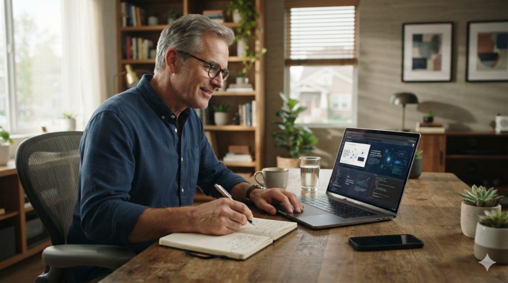 Mature man learning AI and online business skills from home