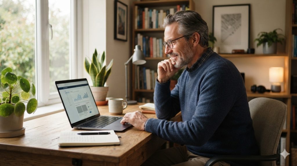 A mature man working at home with a laptop, researching an online business opportunity at About JoinNev