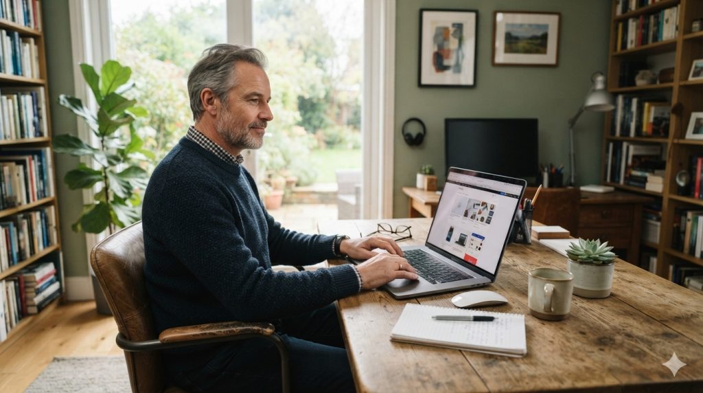 Mature man learning how affiliate marketing works from home